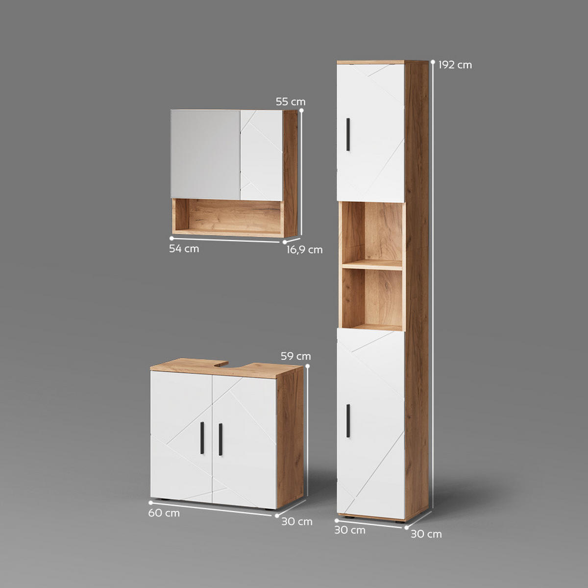 BADMÖBEL-SET Ronco Weiß Hochglanz/Goldkraft Eiche 3 Teile, mit Hochschrank - Honigeiche/Weiß Hochglanz, Holzwerkstoff (60/59/30cm) - Livinity®
