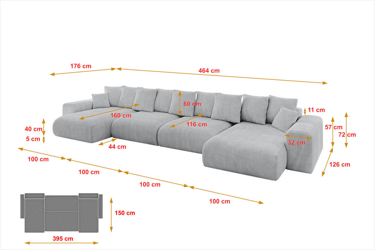 WOHNLANDSCHAFT mit Schlaffunktion ESKAR-U2-464x176x72cm Grau - Grau, Holzwerkstoff/Kunststoff (176/72/464cm) - ALTDECOR