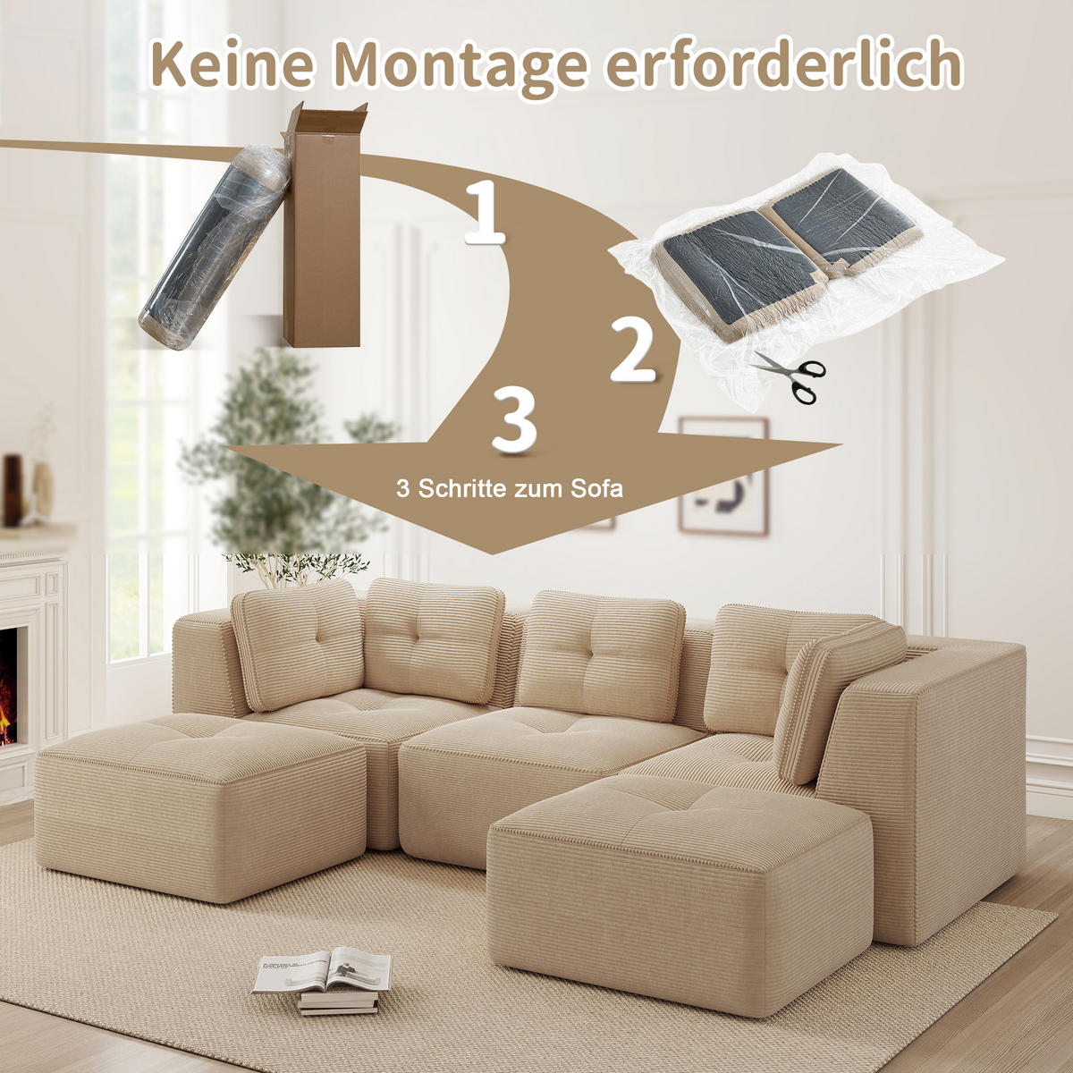 3-SITZER mit Ottomane und tiefer Sitzfläche aus Cord - Beige, Textil (297/69/177cm) - EVRYAE