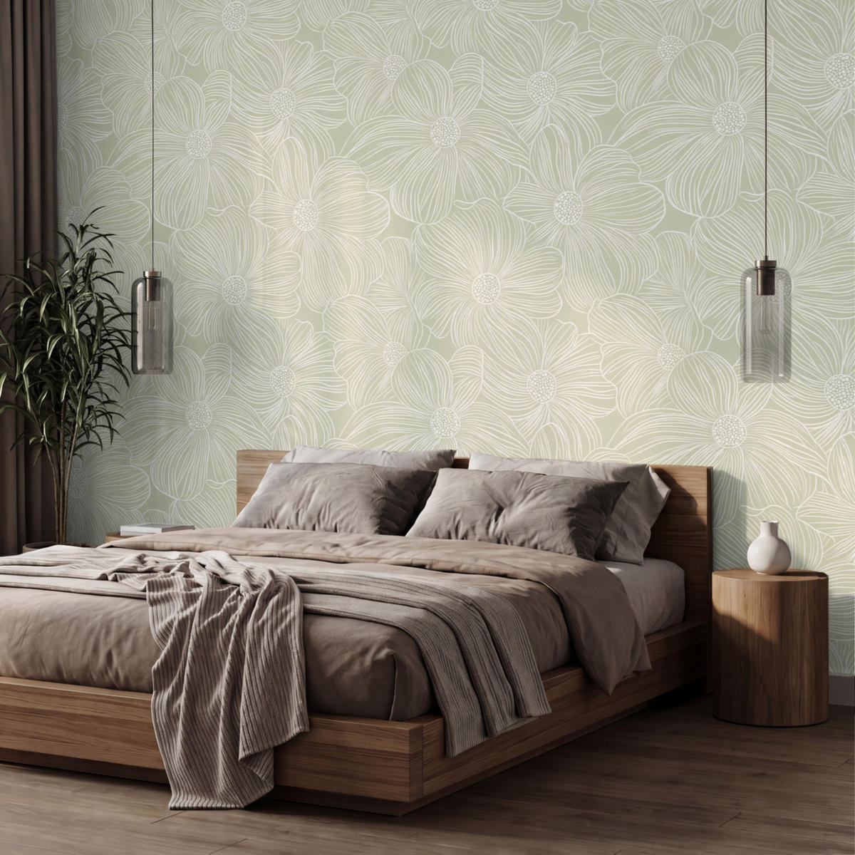 TAPETE - Gelassenheit - Blumen - Grün - 350x240 cm - Salbeigrün, Papier (350/240cm) - OnlyWow
