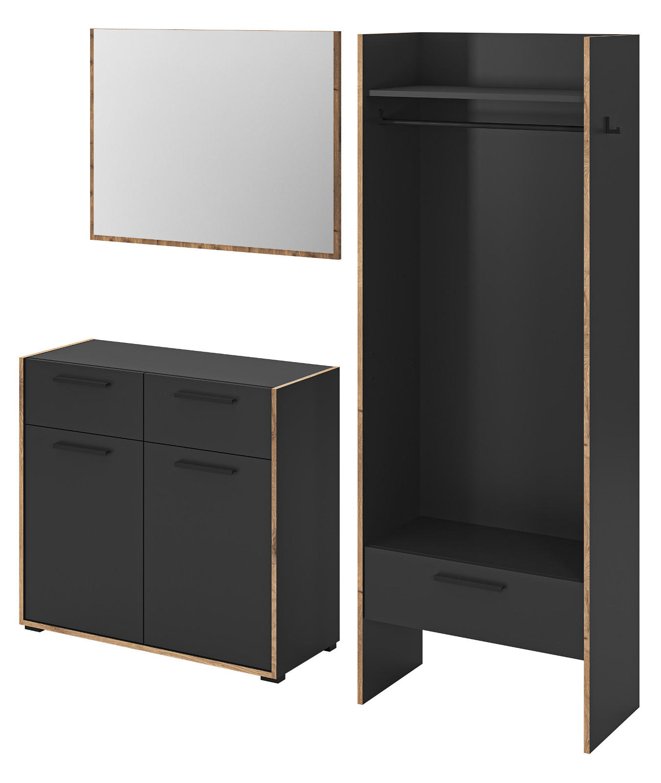 GARDEROBE-SET grau und Nox Eiche, Garderobenkombination 3-teilig, 180 x 189 cm, Salud - Dunkelgrau/Schwarz, Holzwerkstoff/Kunststoff (180/189/37cm) - Inn.Furn