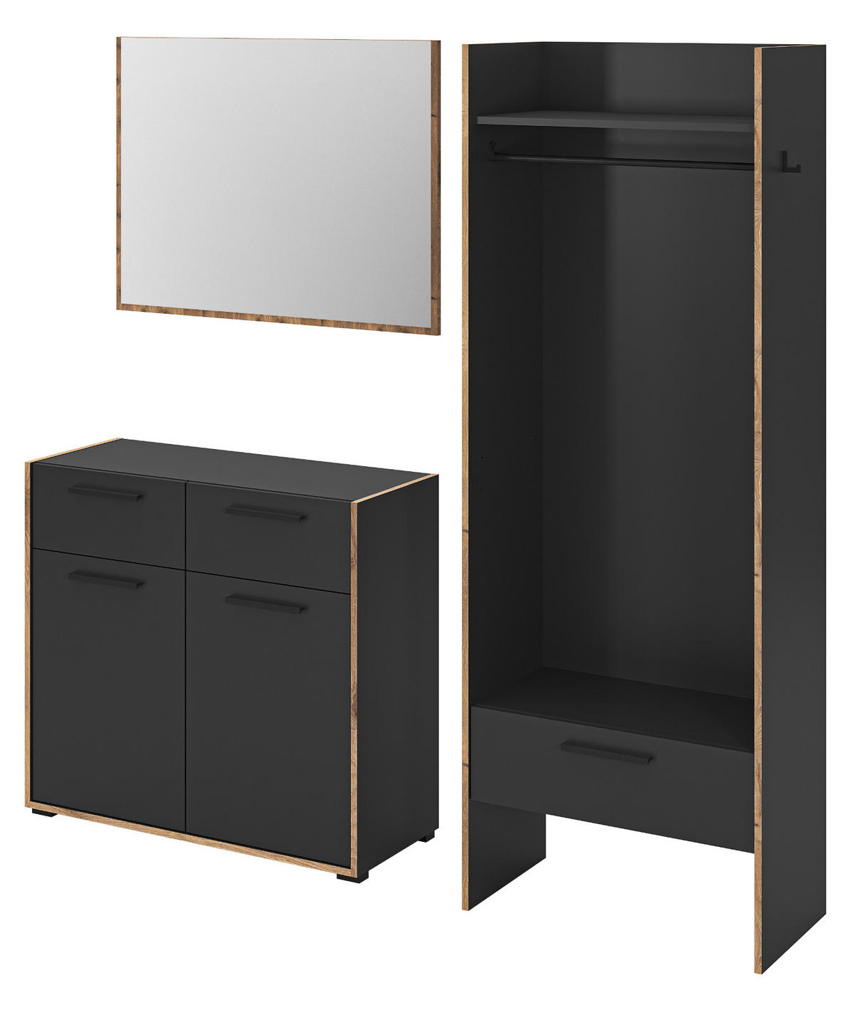GARDEROBE-SET grau und Nox Eiche, Garderobenkombination 3-teilig, 180 x 189 cm, Salud - Dunkelgrau/Schwarz, Holzwerkstoff/Kunststoff (180/189/37cm) - Inn.Furn
