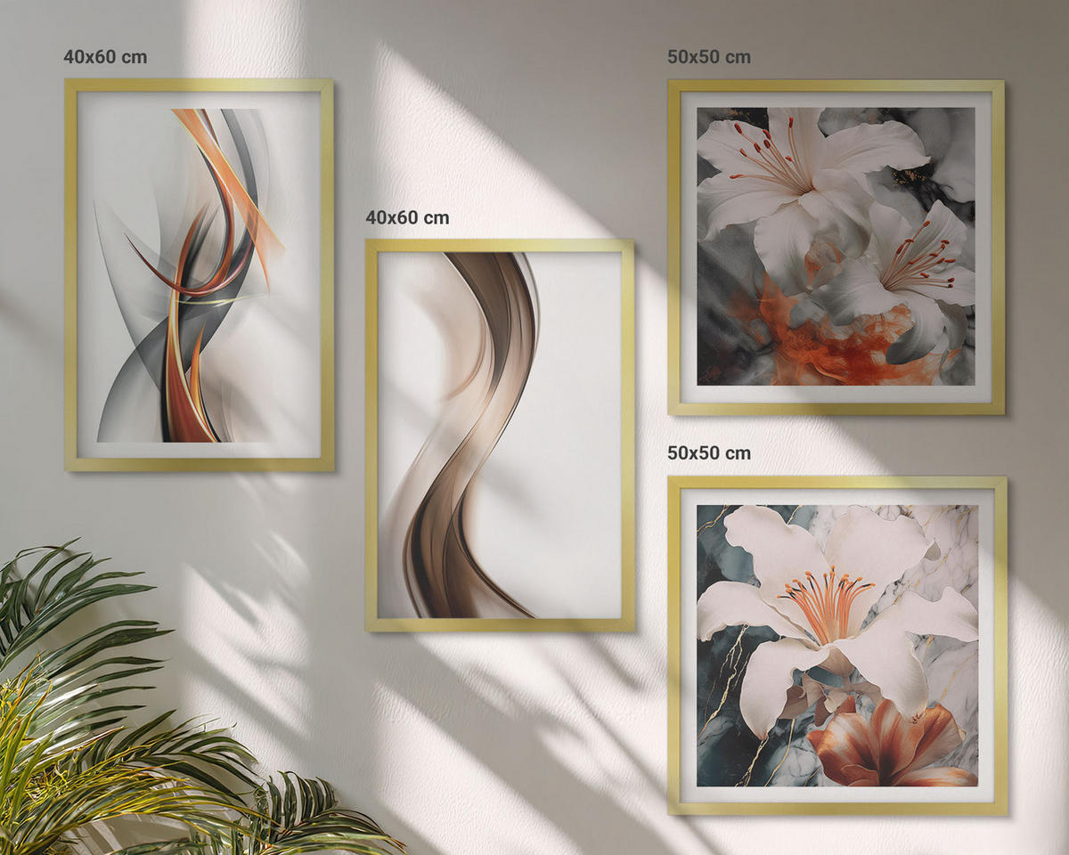 BILDER SET 4er Set - 50x50 cm & 40x60 cm Goldrahmen - Gelbgrau-braune Wellen - Goldfarben, Kunststoff (50/50cm) - TULUP