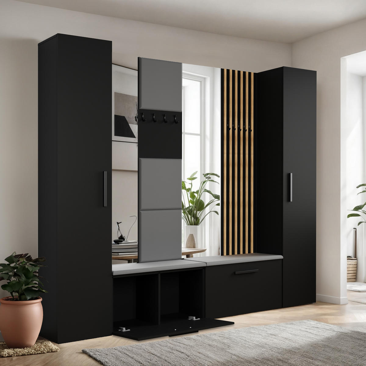 GARDEROBENSCHRANK MODULO 241,2/204/40 cm Modern Garderobe-Set Schwarz - Schwarz/Grau, Holzwerkstoff (241.2/204/40cm) - MASSENO