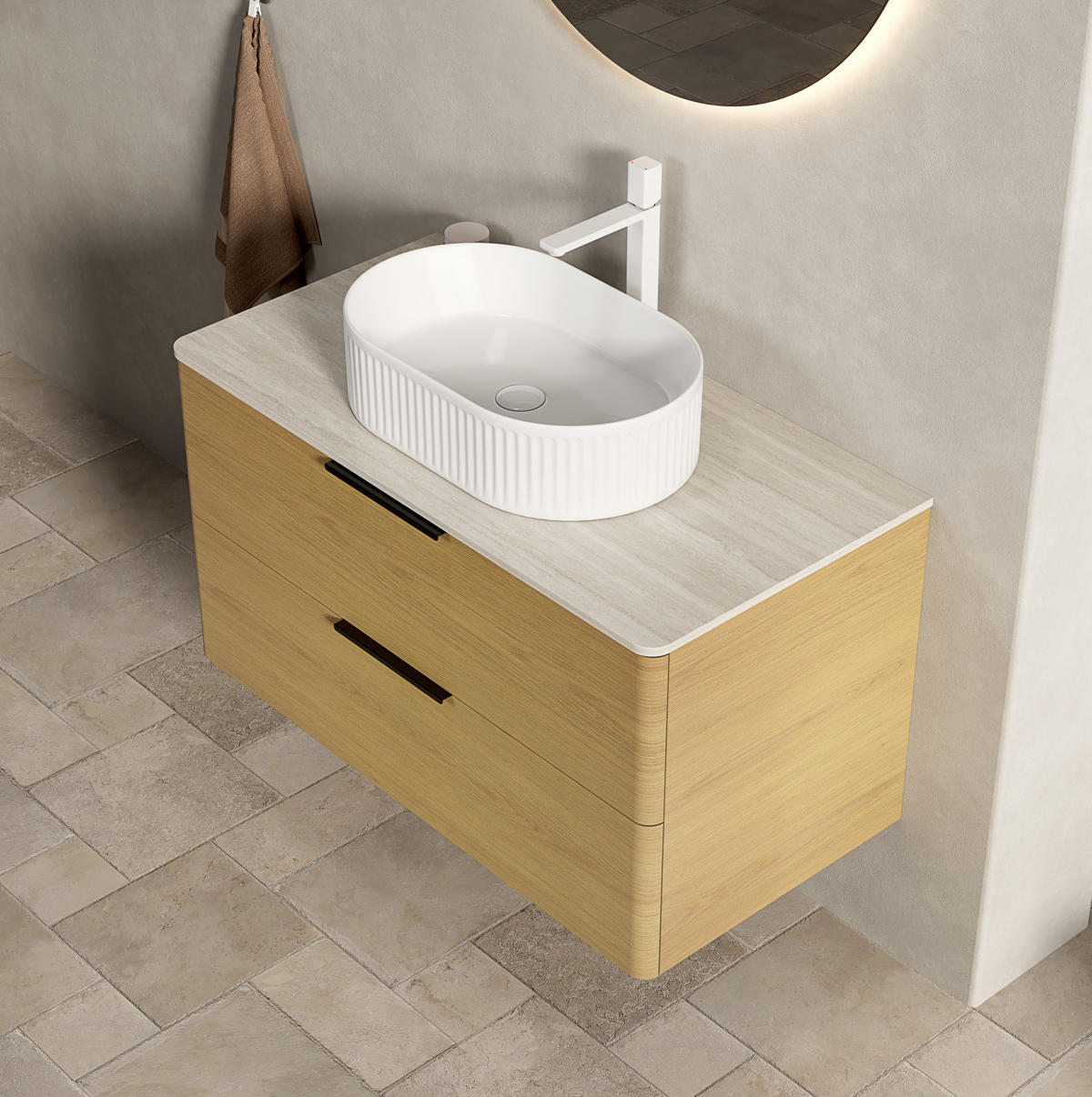 WASCHTISCHKOMBI 90x46x62.2cm Beige/Eiche/Weiß mit ovalem Keramikbecken & Travertin-Arbeitsplatte - Eichefarben, Keramik (90/62.2/46cm) - Modfu
