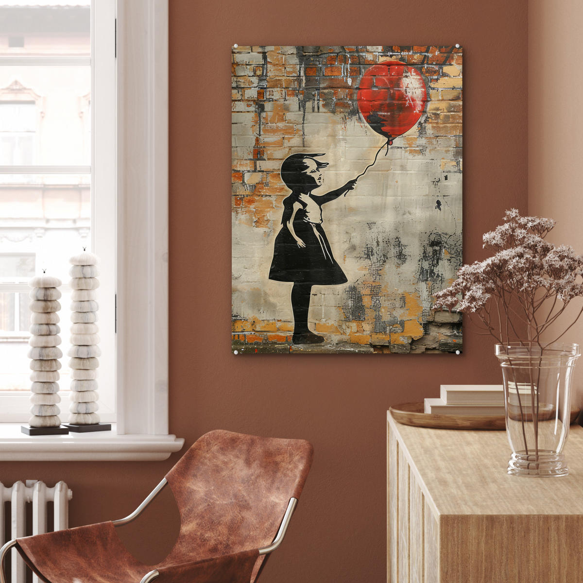 ACRYLGLASBILD Graffiti - Banksy - Mädchen - Straßenkunst 60x80 cm - Sandfarben, Glas (60/80cm) - MuchoWow