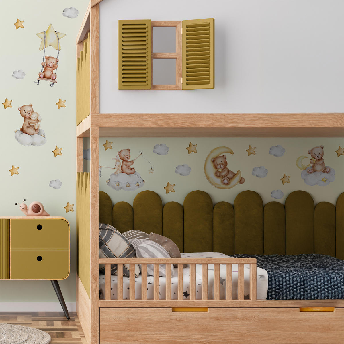 WANDSTICKER Teddybären Wolken Monde Sterne 120x60 - Gelb/Beige, Papier (120/60/1cm) - Muralo