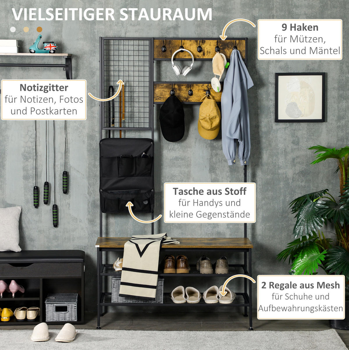 STANDGARDEROBE 100/40/185 cm mit 9 Haken, Sitzbank und Schuhablage - Braun, Holzwerkstoff (100/185/40cm) - BEAOK
