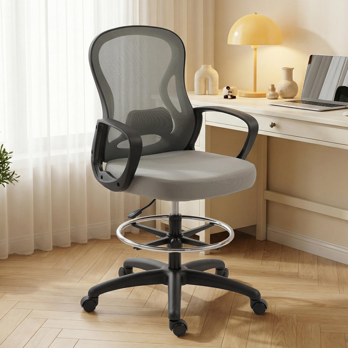 DREHSTUHL DE-11857 höhenverstellbar mit Fußring & Netz Grau - Grau, Metall (59/123/65cm) - ComfortXL