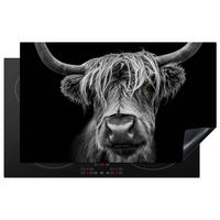 HERDABDECKPLATTE Schottischer Highlander - Hörner - Schwarz - Weiß - Kuh - Wild - Tiere Ceranfeldabdeckung 85x52 cm - Schwarz, Kunststoff (85/52/0.2cm) - MuchoWow