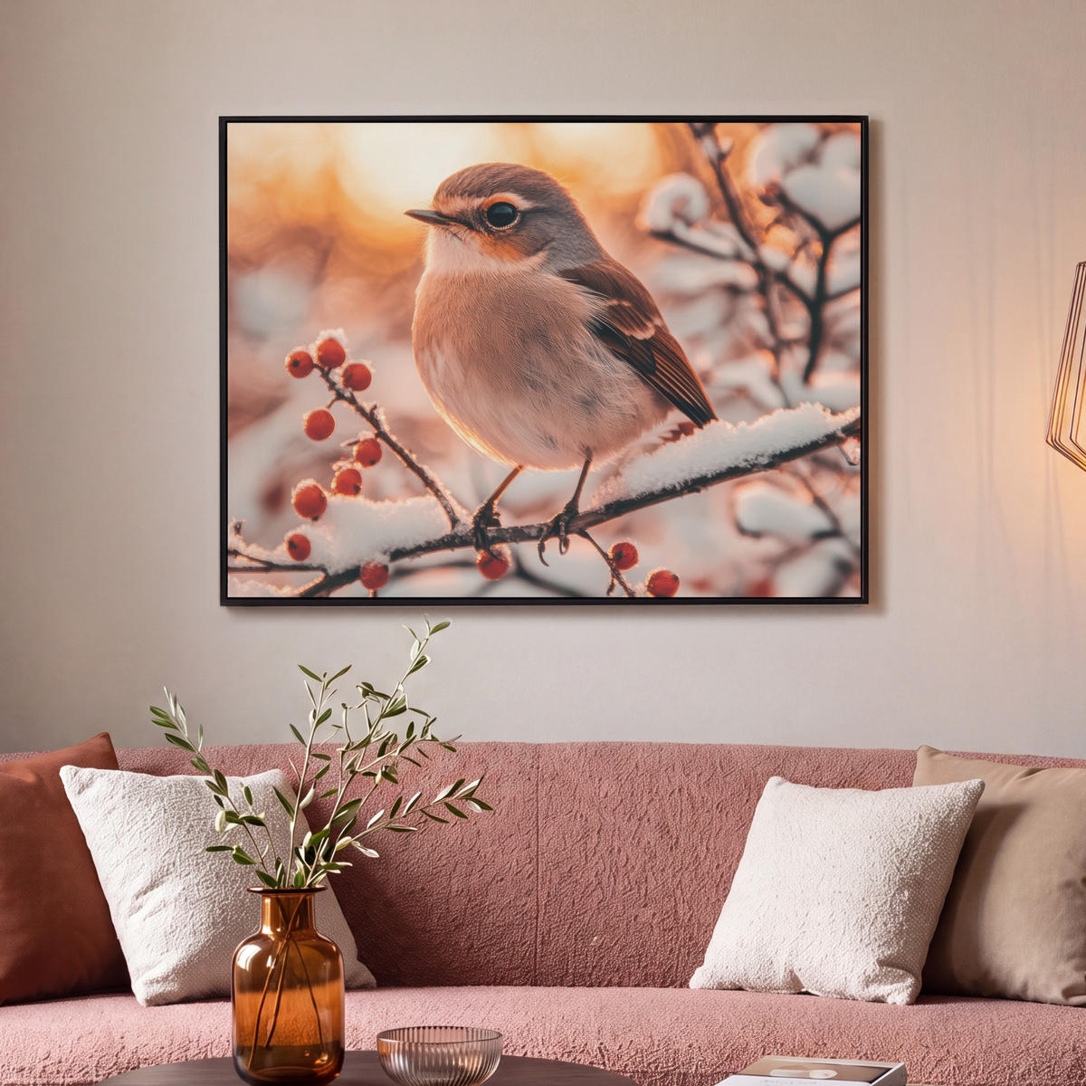LEINWAND Bilder mit Rahmen - Vogel - Zweig - Winter - Tiere - Schnee - 100x70 - Bernsteinfarben, Textil (100/70cm) - MuchoWow