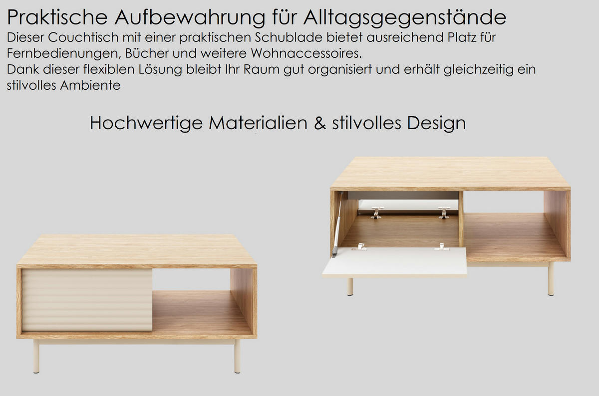 COUCHTISCH rechteckig Eiche geölt - Cashmere mit Staufach - Eichefarben/Beige, Holzwerkstoff (60/100/46cm) - designimpex