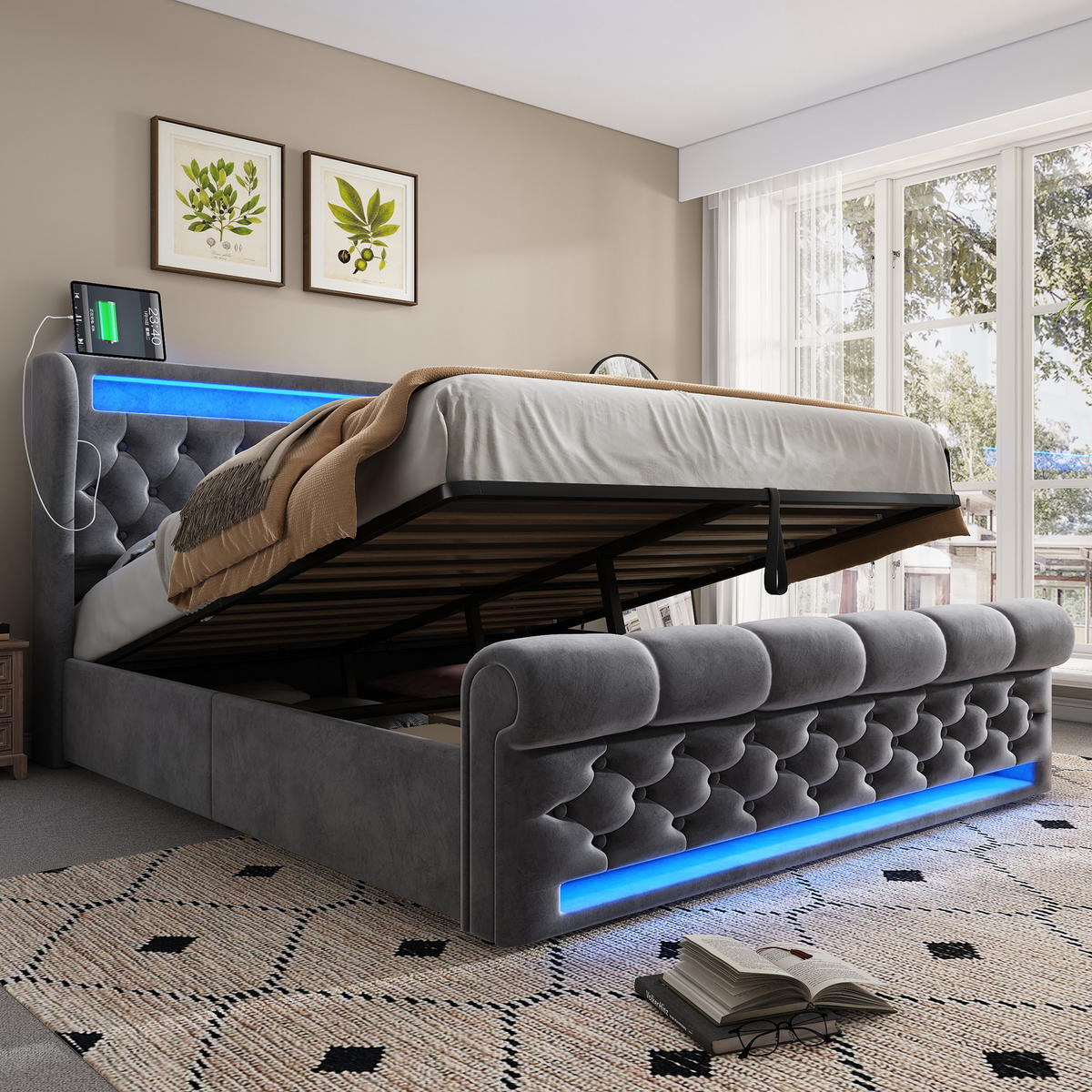 POLSTERBETT 140/200 cm mit hydraulischem Bettkasten, LED & USB/Type-C, Samt Grau - Grau, Textil (140/200cm) - Redom