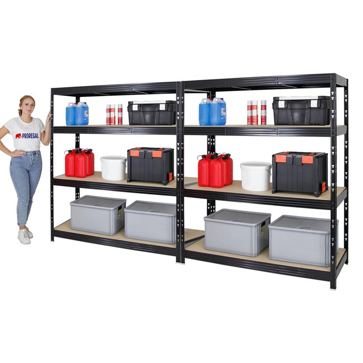 SCHWERLASTREGAL Rhino 2er-Set mit 2x 180x160x60 cm 4 Spanplatten-Ebenen 8mm Fachlast 500 kg Schwarz - Schwarz, Metall (320/180/60cm) - PROREGAL
