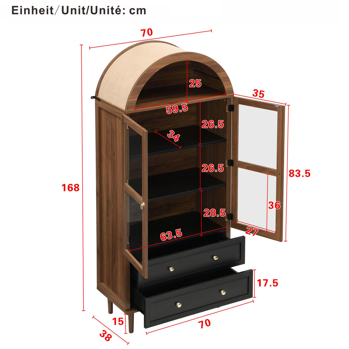 HIGHBOARD in Walnussfarben Bücherregal mit verstellbaren Einlegeböden für Wohnzimmer und Esszimmer, B70/T38/H168 cm - Nussbaumfarben, Glas/Holzwerkstoff (70/168/38cm) - STILVORA