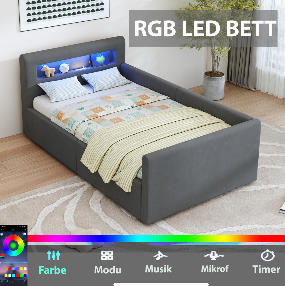 KINDERBETT 90/200 cm aus Samt mit LED-Beleuchtung und Hydraulik-Stauraum Dunkelgrau - Grau, Textil (90/200cm) - Modenvie