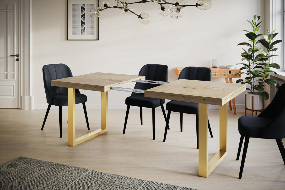 ESSZIMMERTISCH LOFT-U, ausziehbarer Tisch 160-260X90X77 cm, Farbe: HALIFAX, mit Metallbeinen in Farbe Gold - Goldfarben/Naturfarben, Holzwerkstoff (160/90/77cm) - Alpi-Möbel