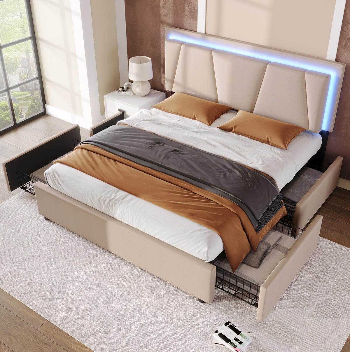 ČALOUNĚNÁ postel 140/200 cm béžová z dřeva s LED osvětlením a 4 zásuvkami - béžová, kompozitní dřevo (140/200cm) - OKWISH