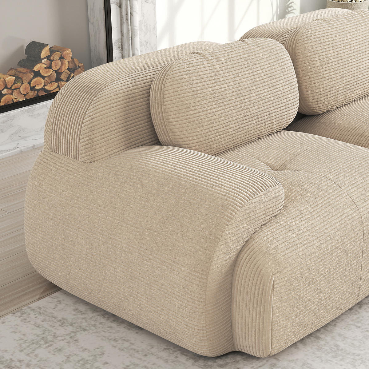 ECKSOFA 3-Sitzer in Premium-Cord Montagefrei & Rutschfest - Beige, Textil (298/178cm) - Urban Meuble