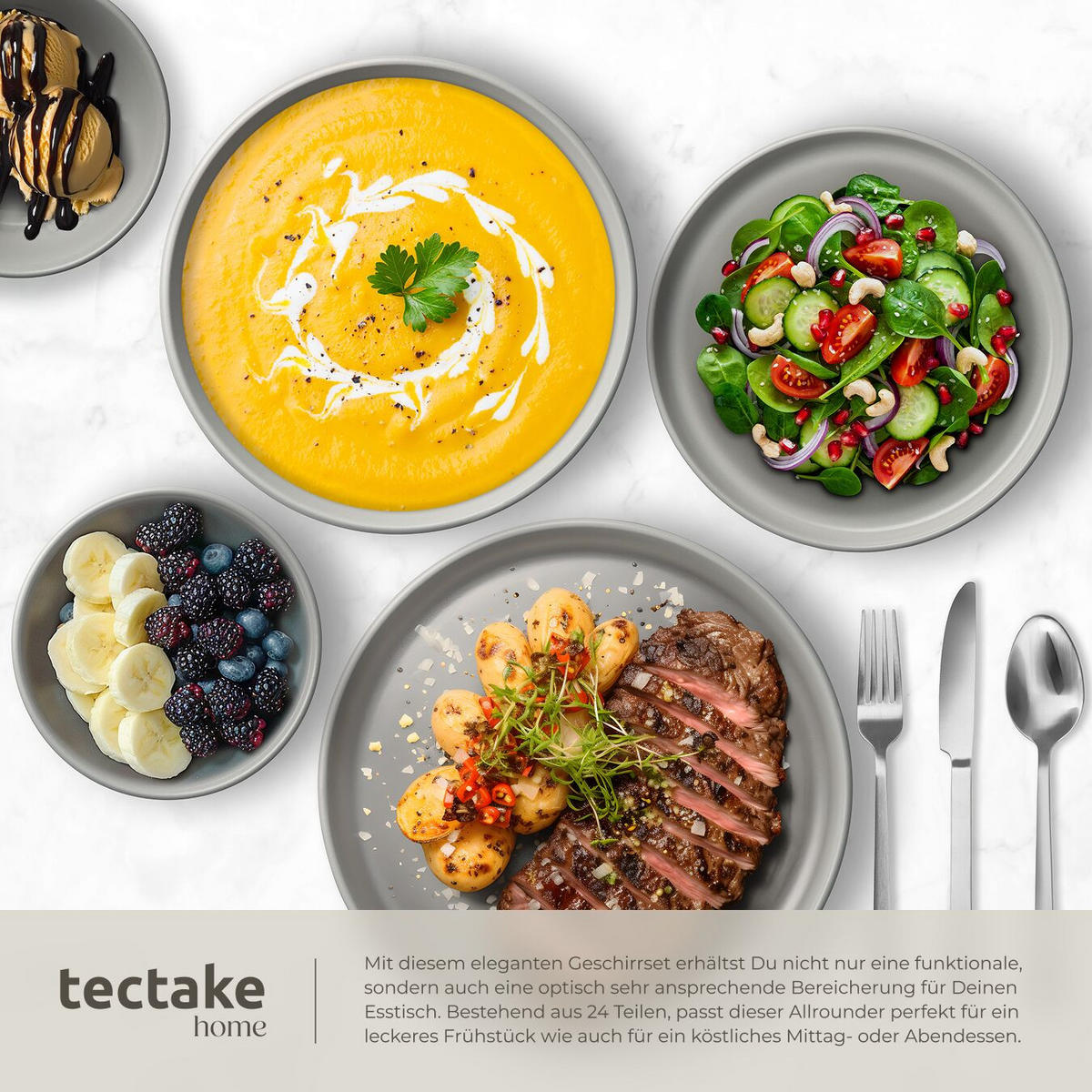 TAFELSERVICE Una, ineinander stapelbar, grau - Grau, Keramik (26/2.3/26cm) - tectake