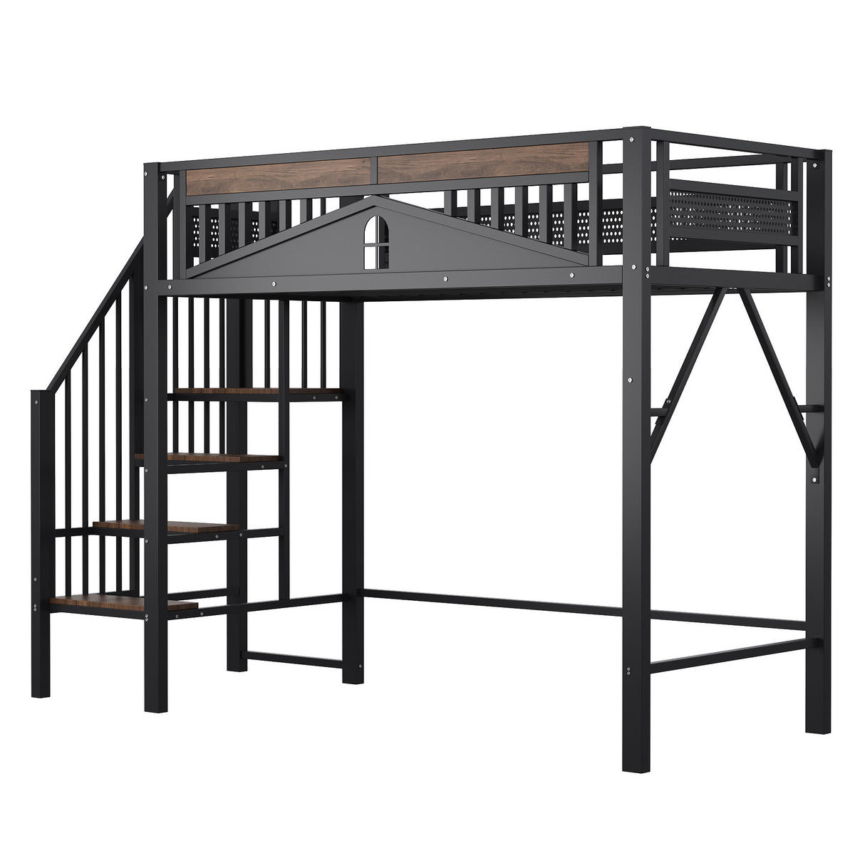 HOCHBETT 90/200 cm aus Metall mit Sicherheitsleiter, Stauraum und Fenster-Design, Schwarz - Schwarz, Metall (90/200cm) - Redom