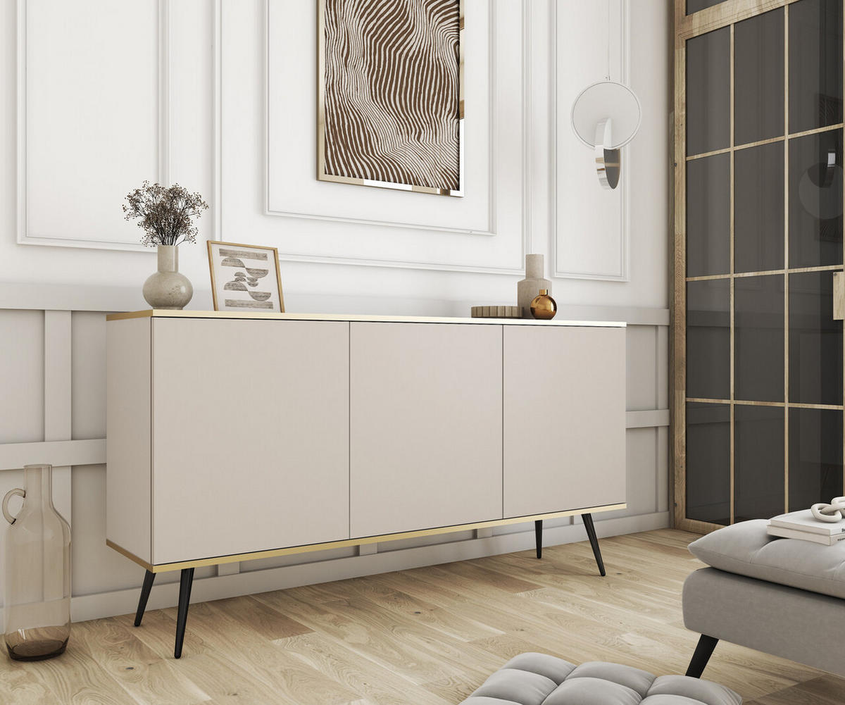 KOMMODE 160cm Rodi auf Beinen - 3 Türen, Beige + Schwarz - Beige/Schwarz, Holz (160/85/39cm) - Emporius