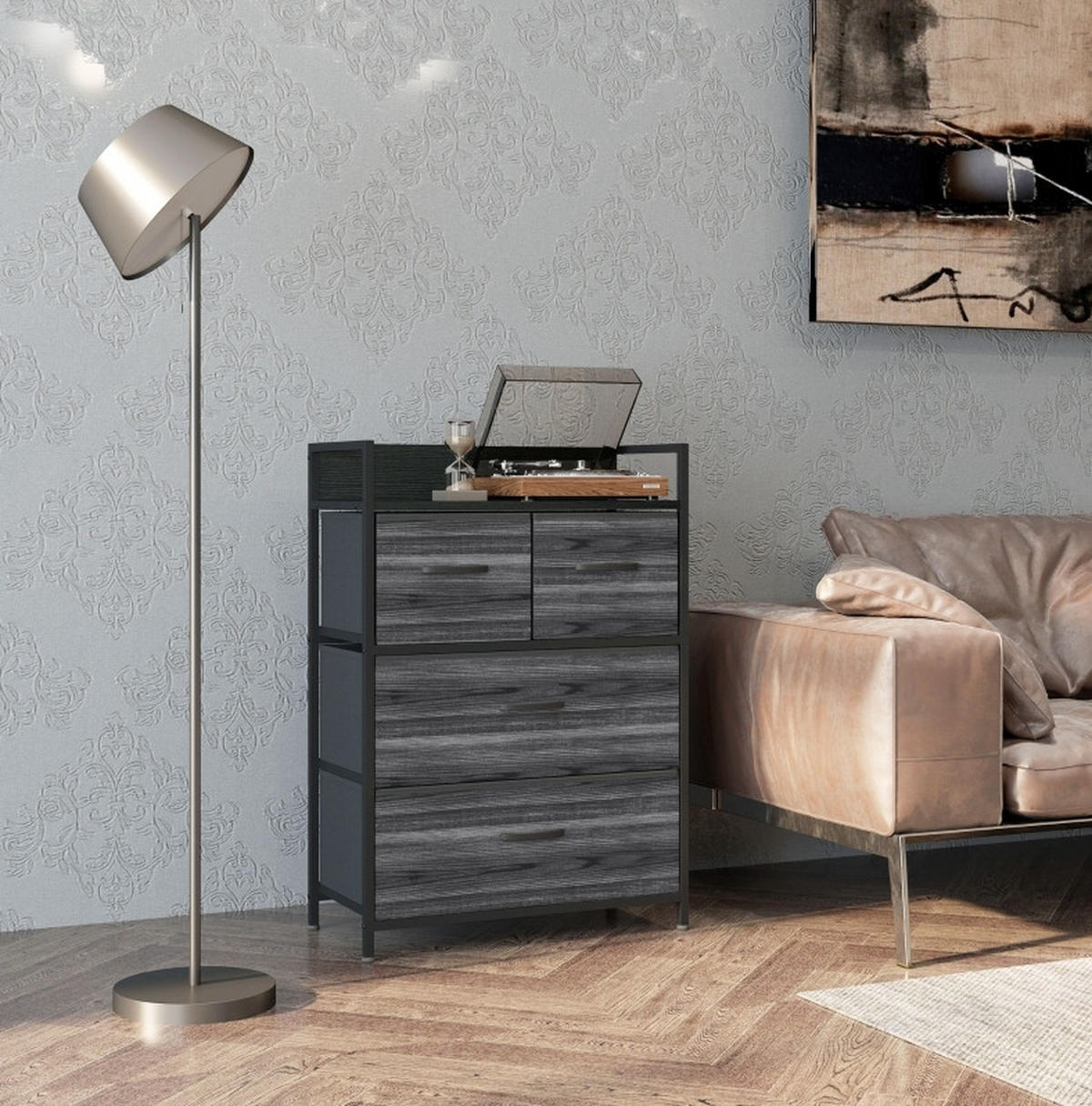 KOMMODE aus Polyester und Stahl 29x60x85 cm Schwarz mit 4 Stoffschubladen und Ablage im Industrial-Stil - Schwarz, Holzwerkstoff (60/85/29cm) - Modfu