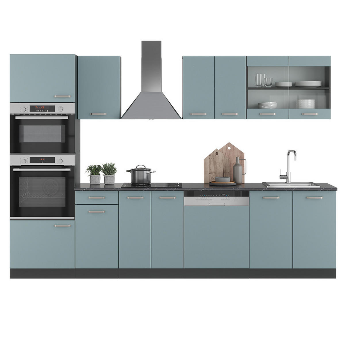 KÜCHENZEILE R-Line Blau-Grau/Anthrazit 300 cm mit Hochschrank, ohne AP - Anthrazit/Blaugrau, Holzwerkstoff (300/81.6/46cm) - Vicco