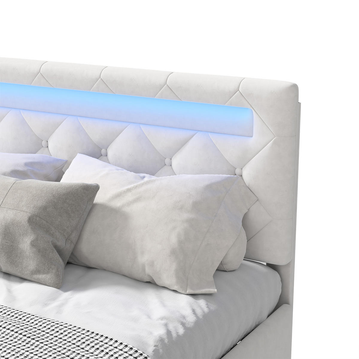 POLSTERBETT 160x200 cm mit Bettkasten, Doppelbett 160x200 cm mit LED, Stauraumbett mit Hydraulik, Cremeweiße Samt - Creme, Holzwerkstoff/Textil (160/200cm) - GENKI LIVING