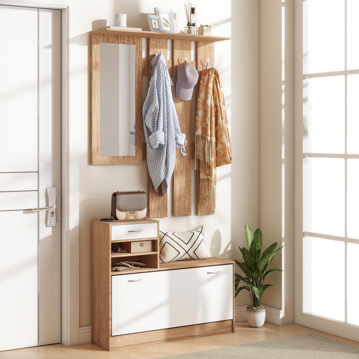 GARDEROBE DE-16812 3-in-1 mit Spiegel, 6 Haken & Schuhbank - Walnussfarben, Holzwerkstoff (10/102/90cm) - ComfortXL