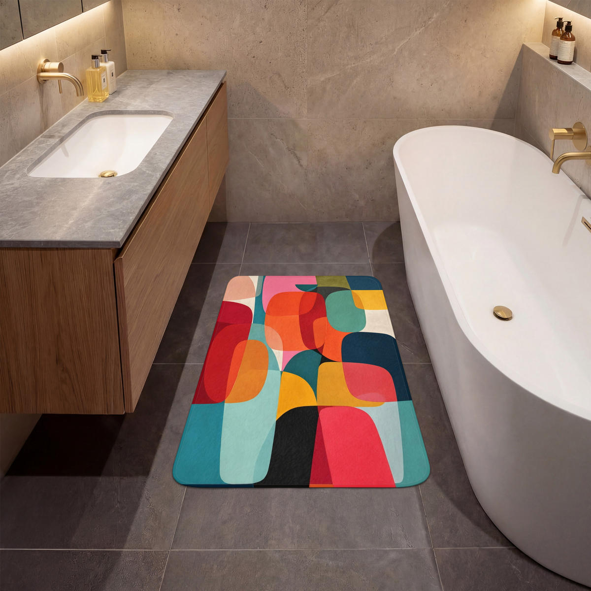 KOUPELNOVÁ PŘEDLOŽKA Tvary - barevné - abstraktní - letadla 60x90 cm - různobarevná, textil/plast (60/90cm) - OnlyWow
