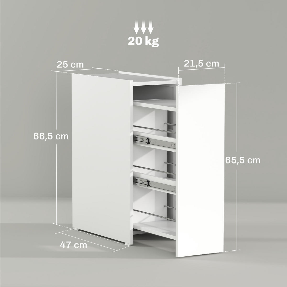 NISCHENSCHRANK Schmaler Badezimmerschrank mit tiefer Schublade, Rad Weiß - Weiß, Holz (25/66.5/47cm) - HOMCOM