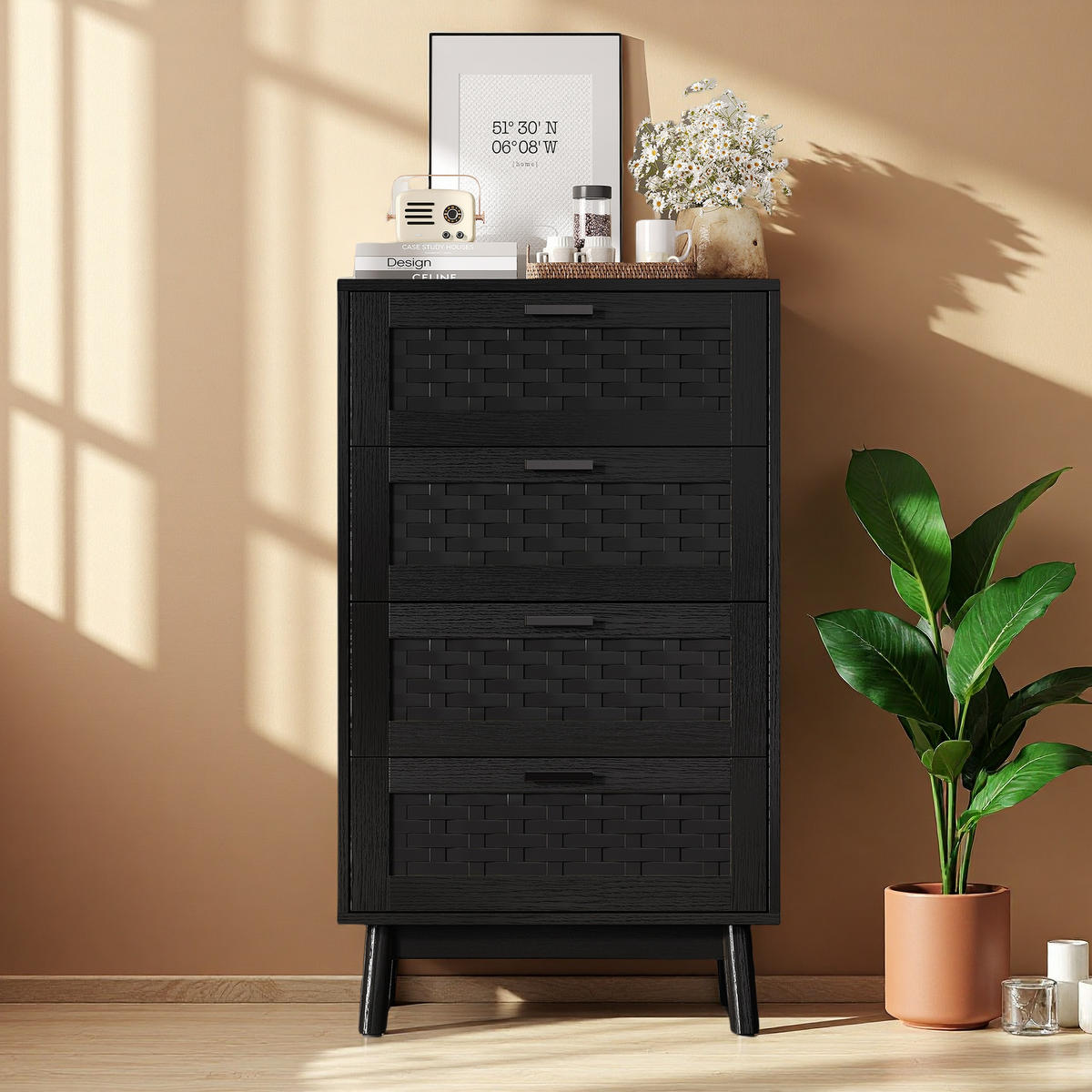 KOMMODE 4 Schubladen Schwarz Geflecht Design - Schwarz, Holz (40/95/55cm) - SHOPENTRA