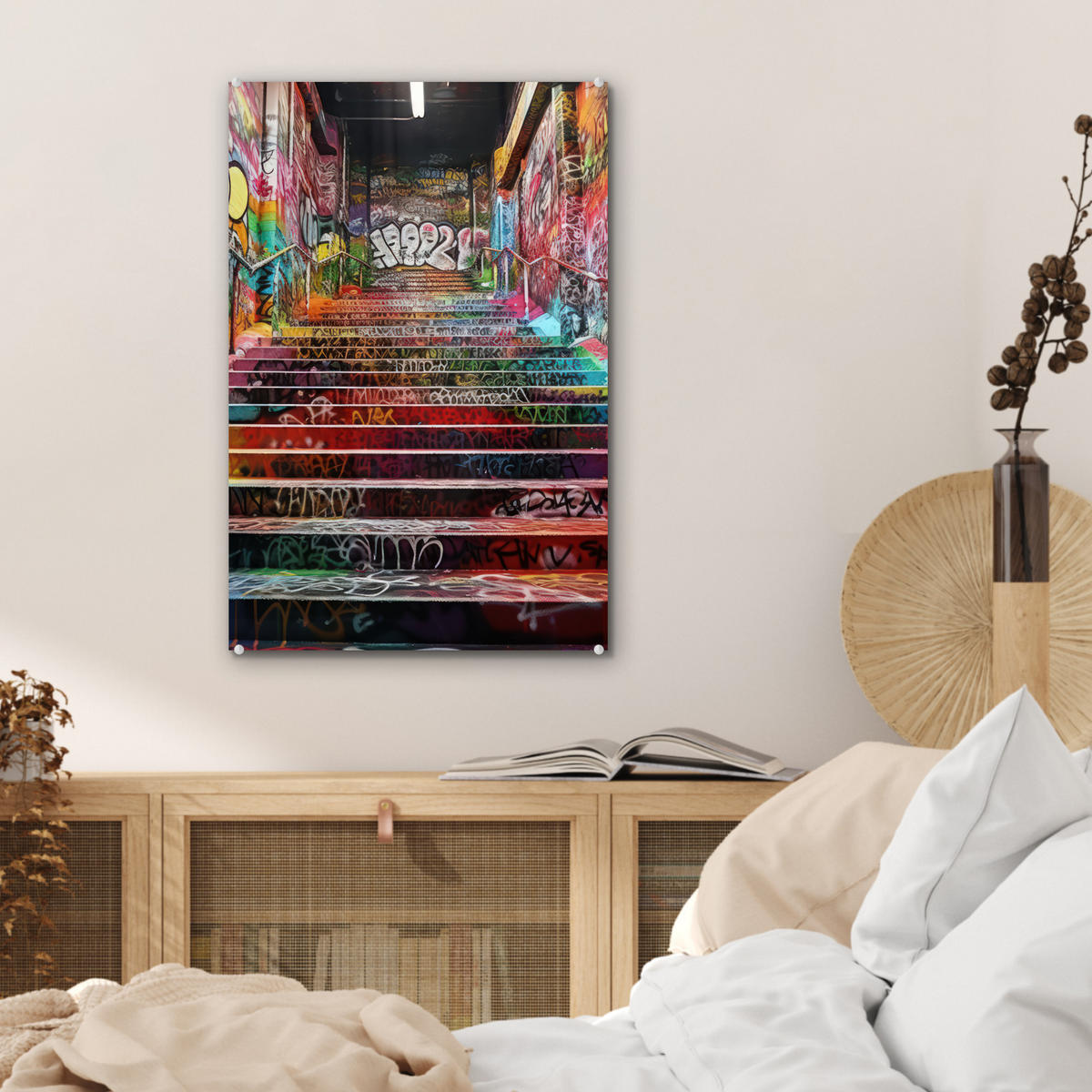 ACRYLGLASBILD Treppe - Graffiti - Farben - Kunst 40x60 cm - Multicolor, Glas (40/60cm) - MuchoWow
