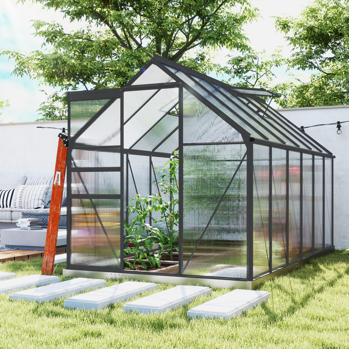 GEWÄCHSHAUS DE-12055 mit Schiebetür & Dachluke Silber - Transparent, Metall (375/199/190cm) - ComfortXL