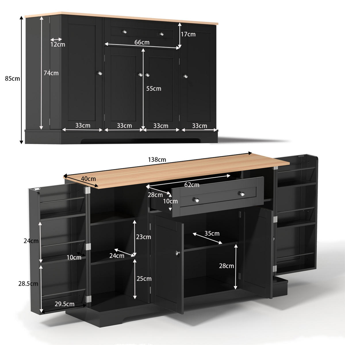 SIDEBOARD 138x40x85 cm, Schublade, Regale, Schwarz - Schwarz, Holz (138/85/40cm)