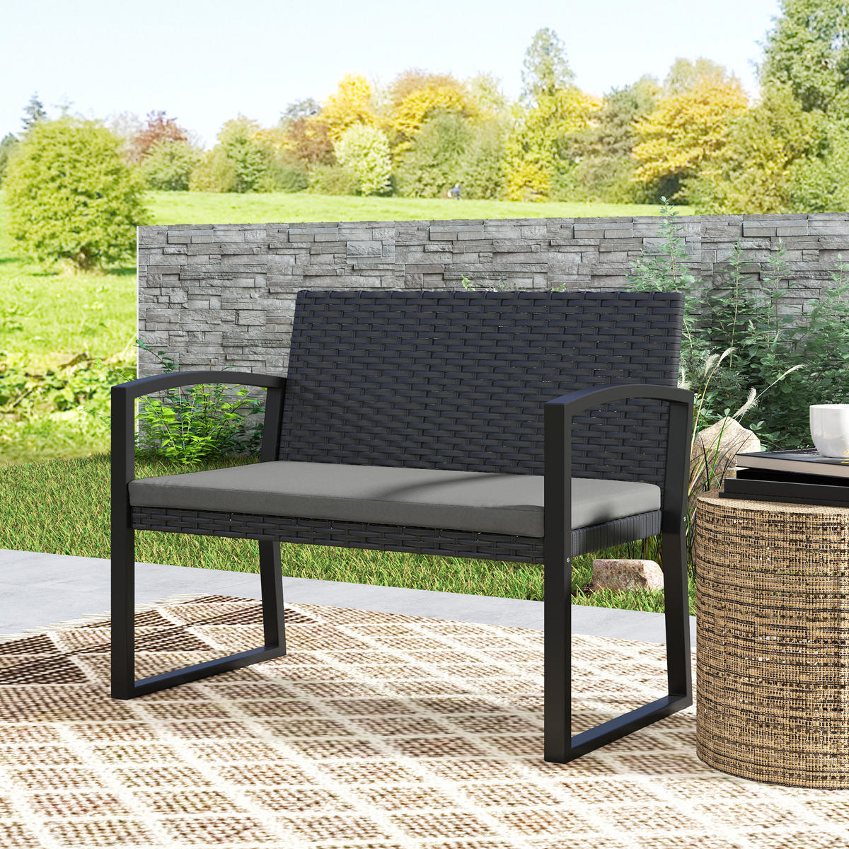 GARTENBANK 2-Sitzer DE-13681 mit Polsterkissen Grau & Schwarz - Grau, Kunststoff/Metall (103/78/58cm) - ComfortXL