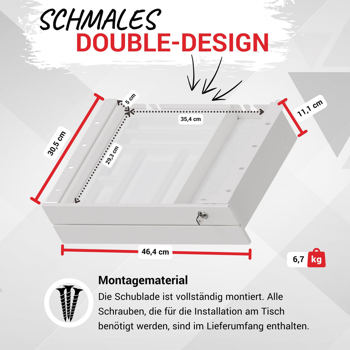 SCHUBLADE DeskDrawerPro2 30,5/46,4/11,1 cm in Weiß - Weiß, Metall (30.5/46.4/11.1cm) - bümö