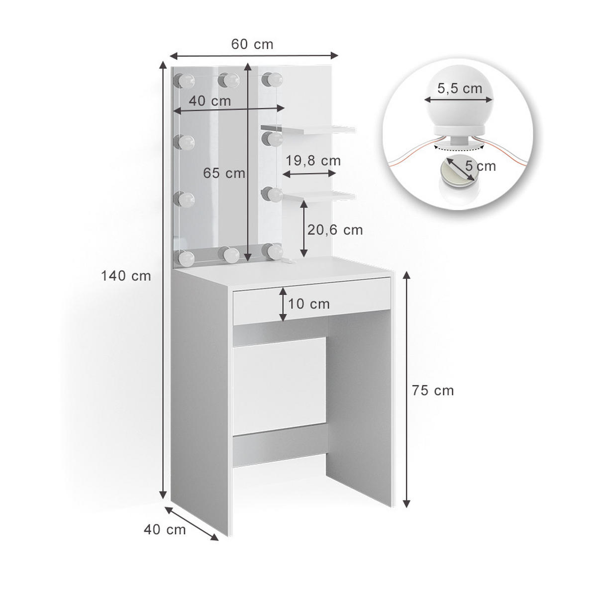 TOALETNÍ STOLEK Isabelle Bílá - bílá, kompozitní dřevo (60/140/40cm) - Vicco