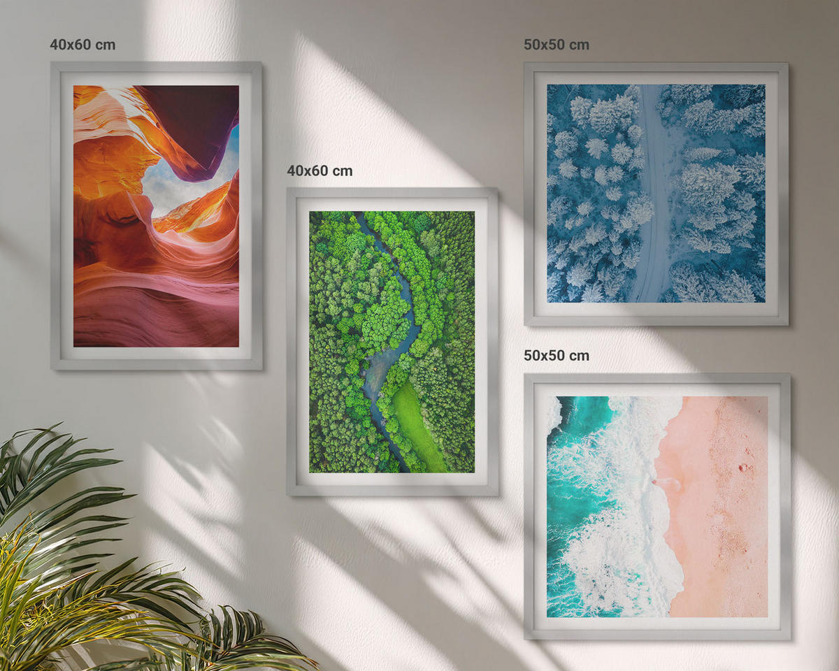 BILDER SET 4er Set - 50x50 cm & 40x60 cm Silberner Rahmen - Grün der Wasserschlucht im Winter - Silberfarben, Kunststoff (50/50cm) - TULUP