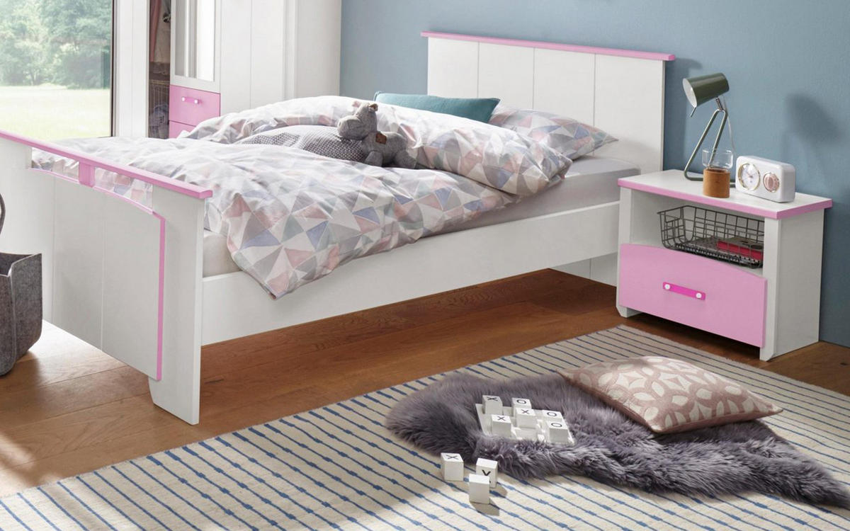 KINDERZIMMER Set 3-tlg Kommode Nachttisch und Bett 90 x 200 cm - Rosa/Weiß, Holz/Holzwerkstoff (90/79/200cm) - Parisot Meuble
