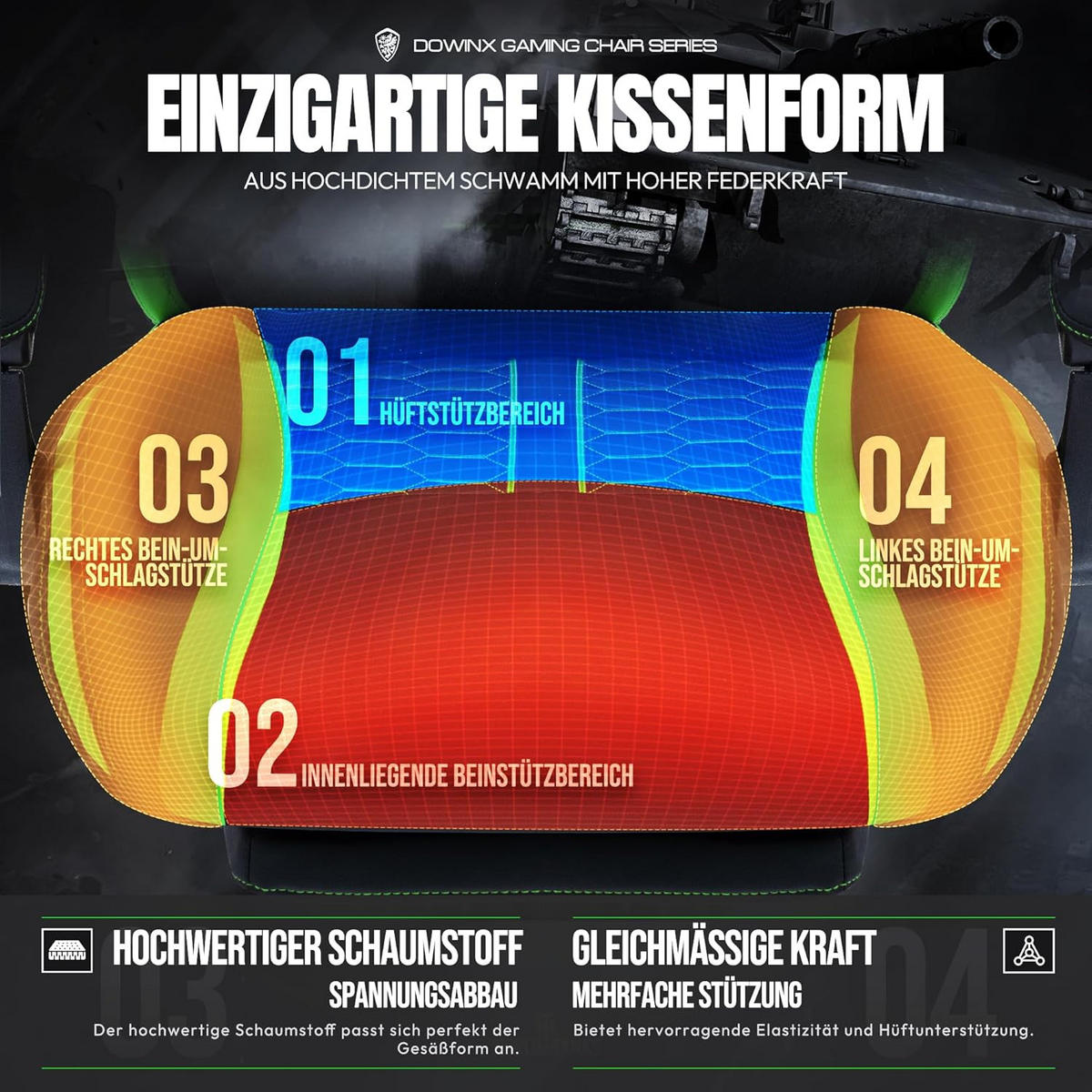 GAMINGSTUHL & Beheizter Massage Lendenwirbelstütze Fußstütze - Grün, Leder (69/128/69cm)