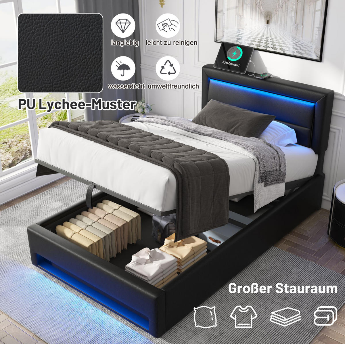 POLSTERBETT mit LED-Beleuchtung 90/190 cm mit Bettkasten & USB, PU-Kunstleder Schwarz - Schwarz, Kunststoff (90/190cm) - BEAOK