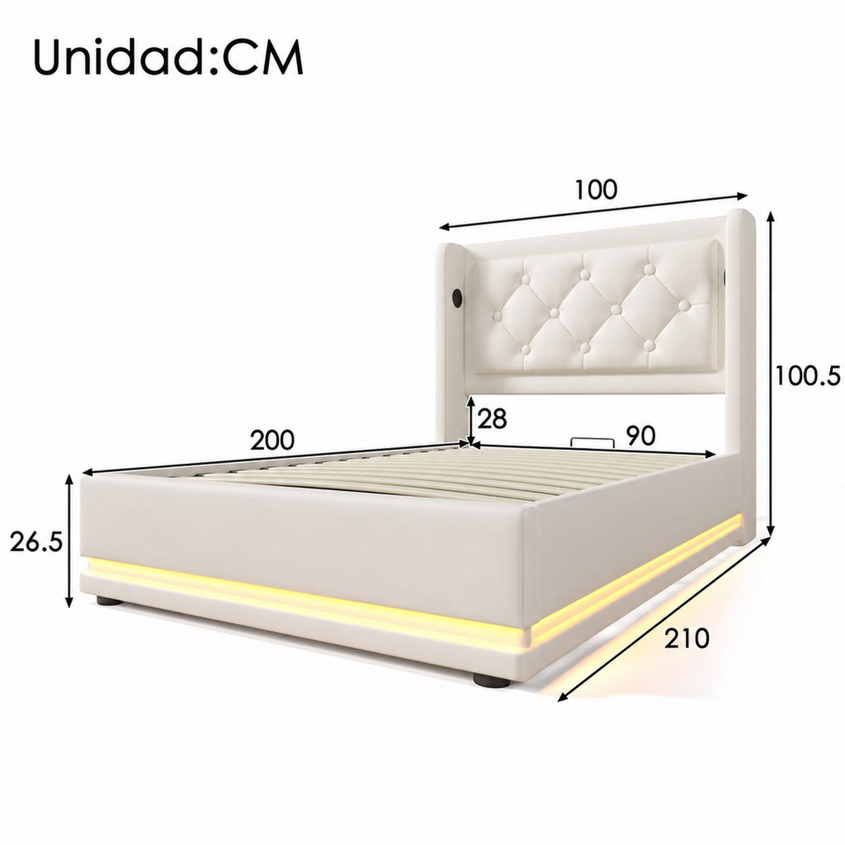 POLSTERBETT 90/200 mit Bettkasten, 3-seitiger LED-Beleuchtung und USB Type-C in Weiß - Weiß, Holzwerkstoff/Textil (90/200cm) - EVRYAE