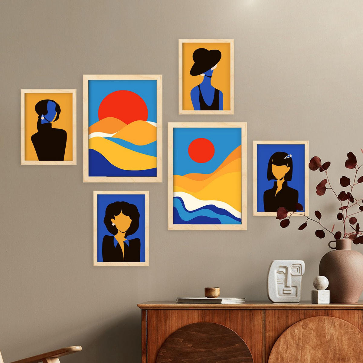 POSTER Set Mit 6 Wüstenjungen In Weibliche Zusammenfassung Ästhetische Dekorative Gemälde Für Ihr Wohnzimmer Zuhause A3 & A4 Rahmen Aus Hellem Holz - Beige, Papier (29/3cm) - Nacnic