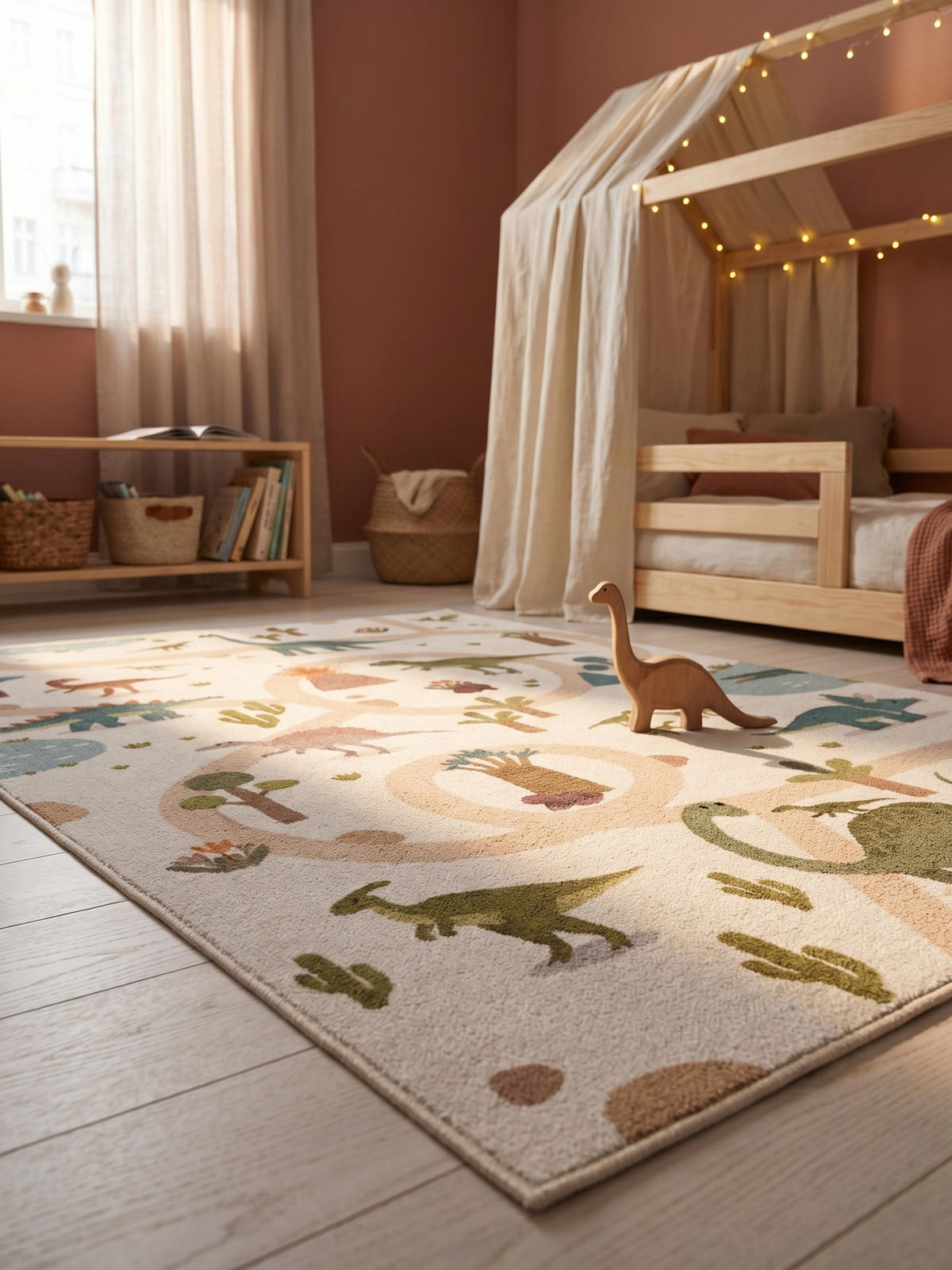 KINDERTEPPICH Kurzflor Dinosaurier-Landschaft Waschbar OEKO-TEX Spielteppich Jungen Mädchen Creme 120x170 – TINO - Creme, Textil (120/170cm) - KADIMA DESIGN