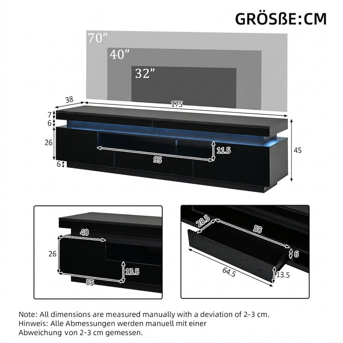 TV-SCHRANK 175/38/45 cm Schwarz Hochglanz mit LED und 1 Schublade - Schwarz, Holzwerkstoff (175/45/38cm) - Oxeza