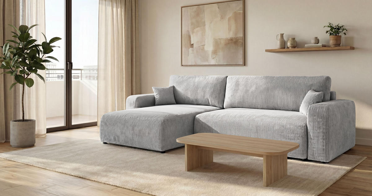 ROHOVÁ pohovka BERLIN levá šedá manšestr Poso 55 - funkce spaní, úložný prostor - šedá, textil (285/185cm) - Cornero