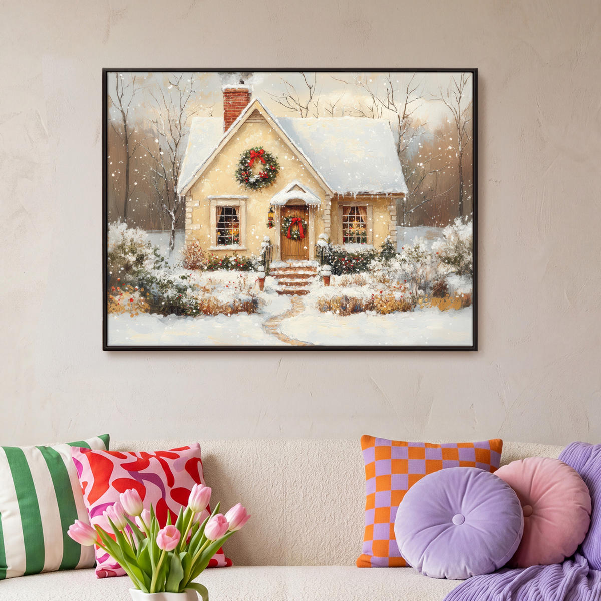 LEINWAND Bilder mit Rahmen - Weihnachten - Zuhause - Winter - Schnee - 100x70 - Creme, Textil (100/70cm) - MuchoWow