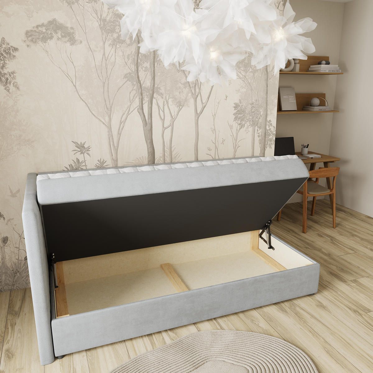 BOXBETT ARIS 90x200 cm mit Matratze und Topper, H2+H3 - Hellgrau - Hellgrau, Holz (90/200cm) - MASSENO